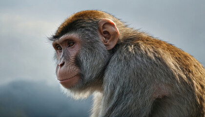 Obraz premium Monkey sits peacefully against a dramatic sky as the sun sets on a tranquil evening