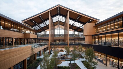 Obraz premium A contemporary university library boasts tiered study areas and lush courtyard, designed for optimal learning and relaxation.