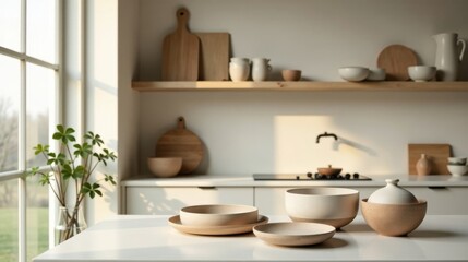 Sunlit Kitchen Countertop with Minimalist Ceramic Bowls and Wooden Accents