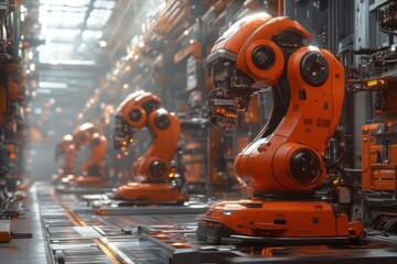 Fototapeta premium Robots working in a large factory environment during daytime operations