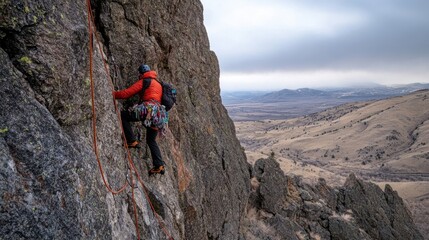 A determined mountain climber ascends a dramatic cliff face with rugged terrain, enveloped by a sprawling landscape and an overcast sky.