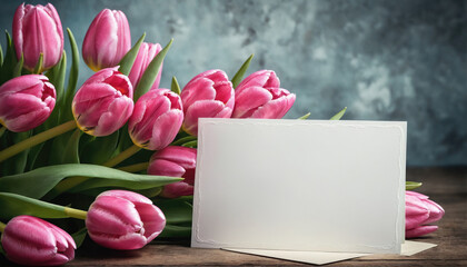 Beautiful pink tulips arranged with blank cards on a rustic wooden surface for creative stationery display