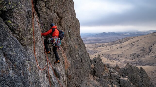 A determined mountain climber ascends a dramatic cliff face with rugged terrain, enveloped by a sprawling landscape and an overcast sky.