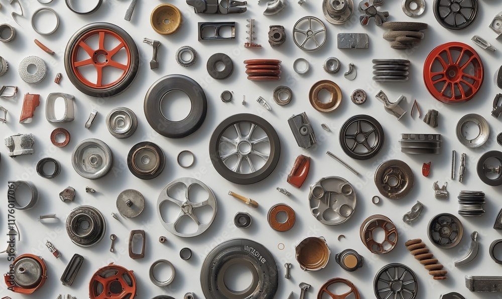 Poster a collection of various mechanical parts and components arranged artistically.