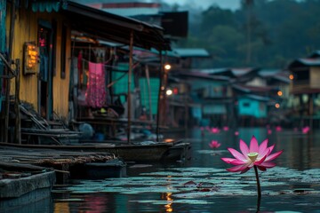 Obraz premium Tranquil Lake Village Houses with Pink Lotus Flowers - Realistic Photo