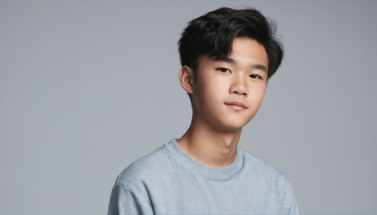 Young boy poses confidently with a neutral expression against a simple backdrop in a studio setting