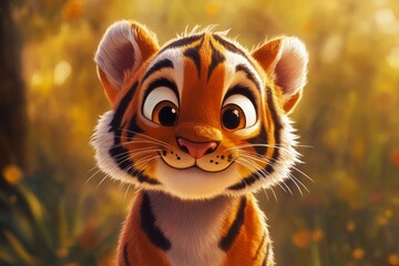 cute and happy little tiger with eyes wide open in cartoon style