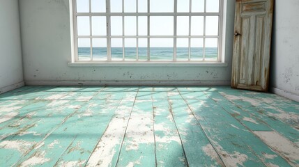 A contemporary room with a expansive window facing the ocean
