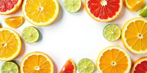 Obraz premium A vibrant citrus fruit arrangement featuring juicy oranges, limes, and grapefruit slices on a white background.