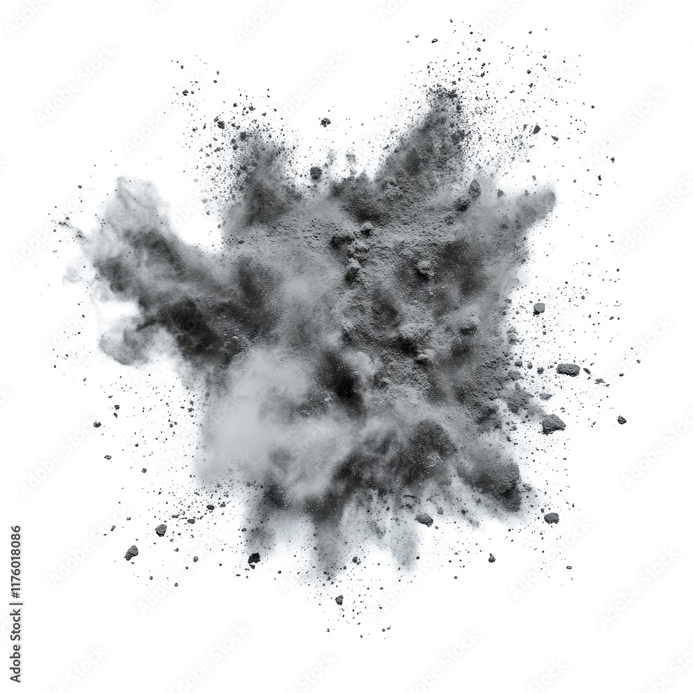 Poster grey powder explosion creating a dynamic cloud effect isolated on a transparent background, grey col