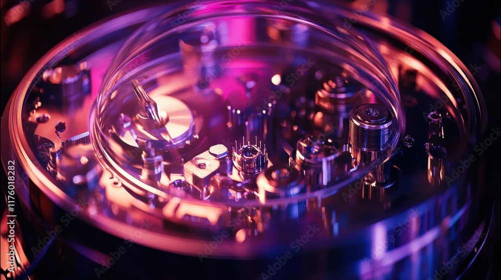 Poster intricate close-up of modern technology components with iridescent lighting and abstract design elem