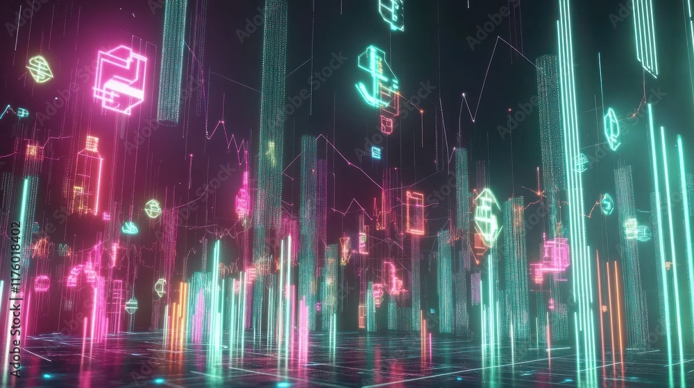 Poster futuristic digital landscape with neon lights and glowing symbols representing technology and data i