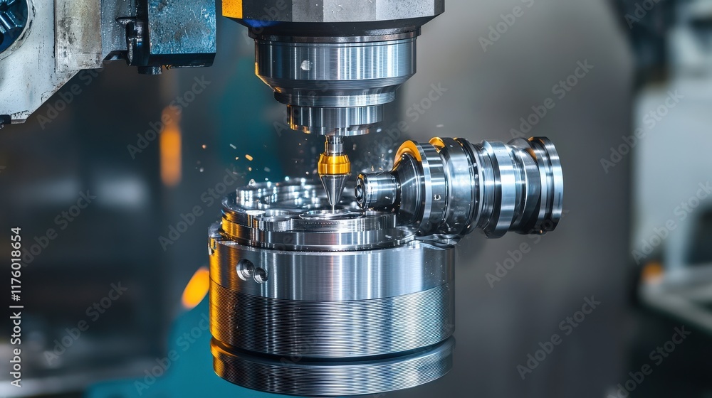 Poster high-precision cnc machine tool with spark production during metal machining process in a modern man