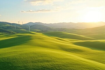 Fototapeta premium An ethereal aerial view of rolling green hills bathed in soft morning light, with wind turbines visible in the distance.