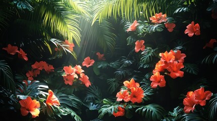 Obraz premium Lush tropical foliage with vibrant orange hibiscus flowers illuminated by sunlight.
