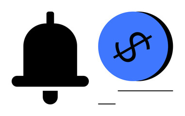 Black notification bell paired with a blue coin featuring a dollar sign. Ideal for finance reminders, budgeting, financial planning, investment alerts, savings tips, economic news, payment