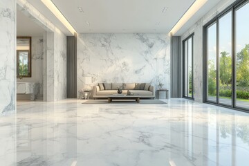 Modern living room interior design featuring a beige sectional sofa, a marble wall, and a coffee table