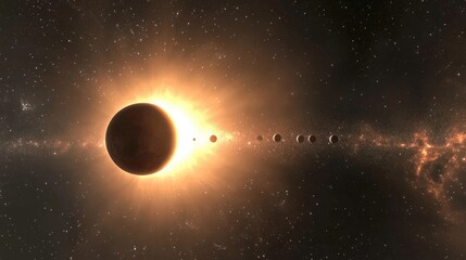 A cosmic scene featuring planets aligned with the sun glowing brightly in the background against a vast starry sky
