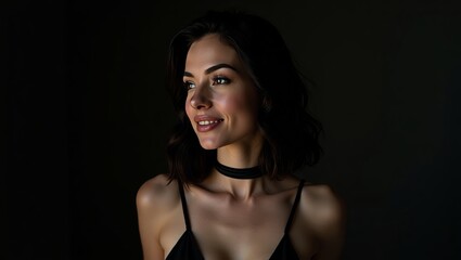 Elegant woman with wavy hair in dramatic side lighting