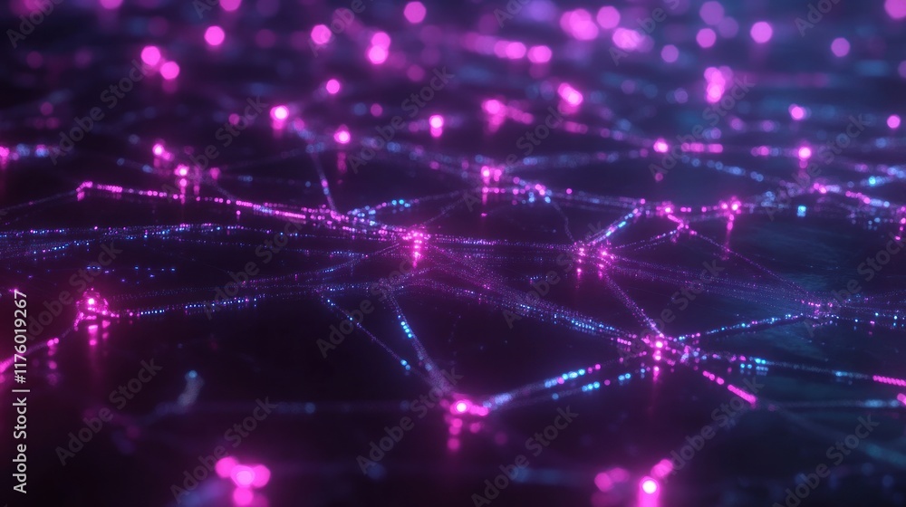 Poster abstract digital background with glowing pink and blue lights creating a network of connections over