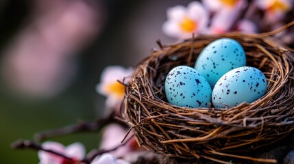 Obraz premium A charming display of three blue speckled eggs arranged in a nest amidst soft, dreamy blossoms evokes a sense of peace and nostalgia, capturing fleeting moments of nature’s beauty.