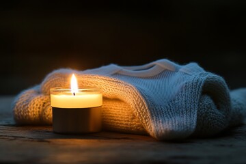 A cozy white sweater draped beside a glowing candle, creating a warm atmosphere.