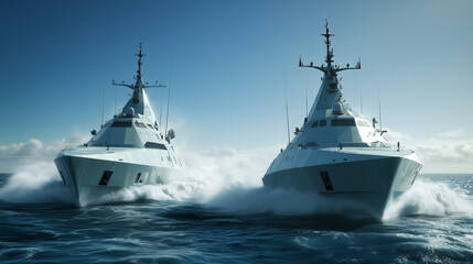 Fototapeta premium Naval patrol boats cruising through the open sea, maintaining security and vigilance in international waters, symbolizing maritime defense and global cooperation.