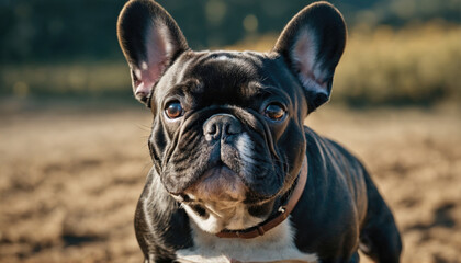 French bulldog stands proudly in a sunny outdoor field during morning hours