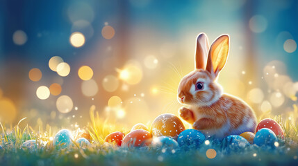 Cute rabbit beside colorful eggs in springtime setting