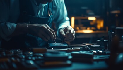 A craftsman meticulously working with tools in a workshop setting.