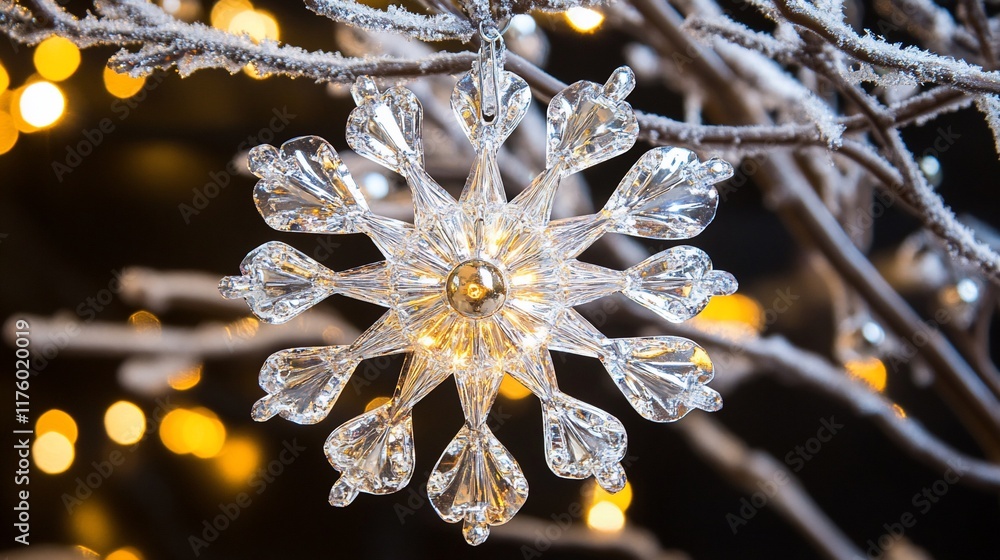 Poster a crystal snowflake ornament hangs from a frosted branch, illuminated by soft lights.