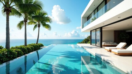 Fototapeta premium Oceanfront Luxury Villa with Infinity Pool and Lush Landscaping