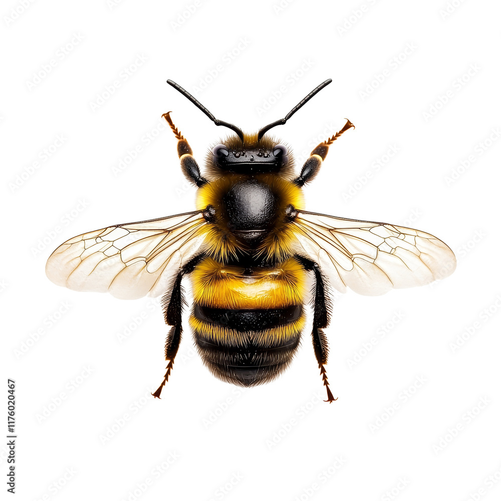 Poster a detailed view of a bee isolated on a transparent background highlighting its distinctive features,