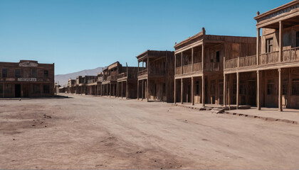 Historic abandoned western town with dusty streets and wooden buildings under clear sky
