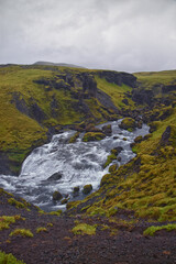 Hestavaosfoss, Fosstorufoss, Steinbogafoss waterfalls above Skogafoss waterfall summer 2024 Ring Road South coast of Iceland, Scandinavia, Europe.