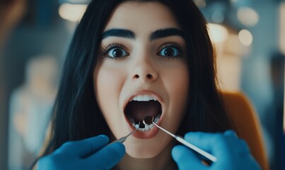 A dental examination with a patient showing an open mouth during treatment.