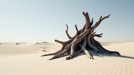 Ancient Weathered Tree Roots in Sandy Desert Landscape