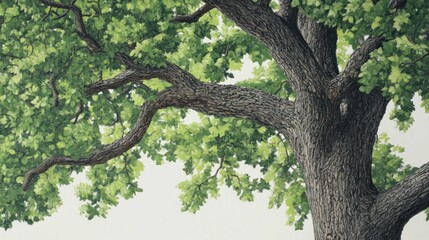 Fototapeta premium Lush green leaves and thick bark of a large oak tree against a white background.