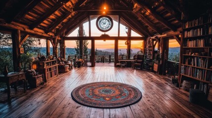 Obraz premium Panoramic view of the sunset from a circular room adorned with bookshelves and a rug