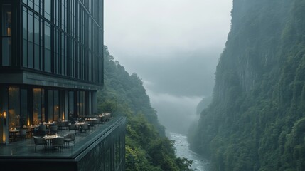 Nighttime ambiance of a romantic mountain lodge patio lit by lanterns