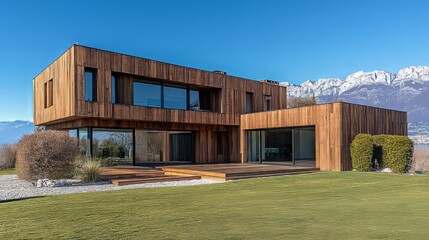 Fototapeta premium A modern luxury house featuring an infinity pool with breathtaking views of a lake and mountains