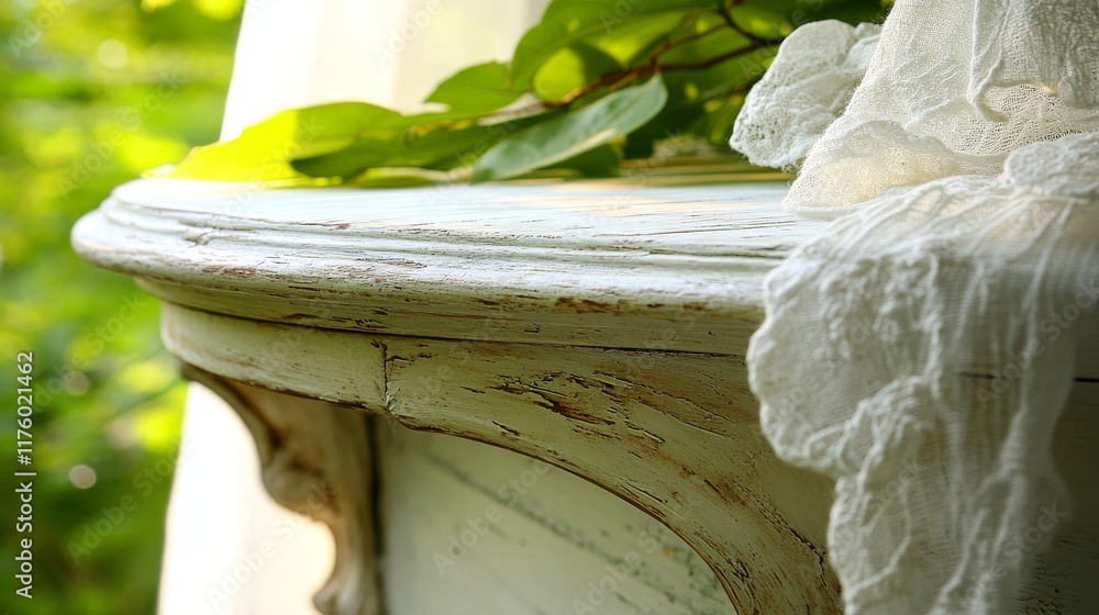 Poster a detailed view of a smooth, white circular table positioned near a window adorned with sheer curtai