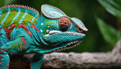 Obraz premium Vibrant chameleon resting on a branch in a lush tropical environment during daylight hours