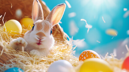 Cute bunny among colorful eggs in a festive setting