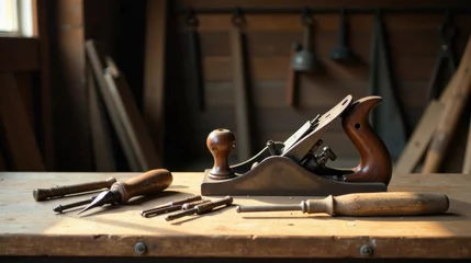Vintage Woodworking Tools on a Workbench in a Rustic Workshop