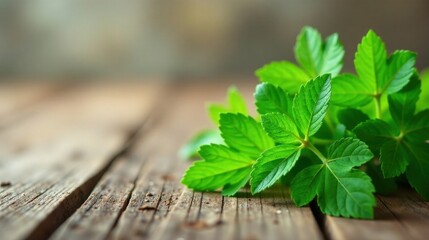 Lush Green Foliage on Rustic Wooden Surface, a Vibrant Display of Nature's Beauty