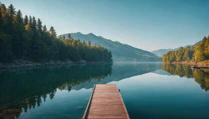 Obraz premium Tranquil morning at a serene lake with a wooden dock surrounded by mountains and lush trees