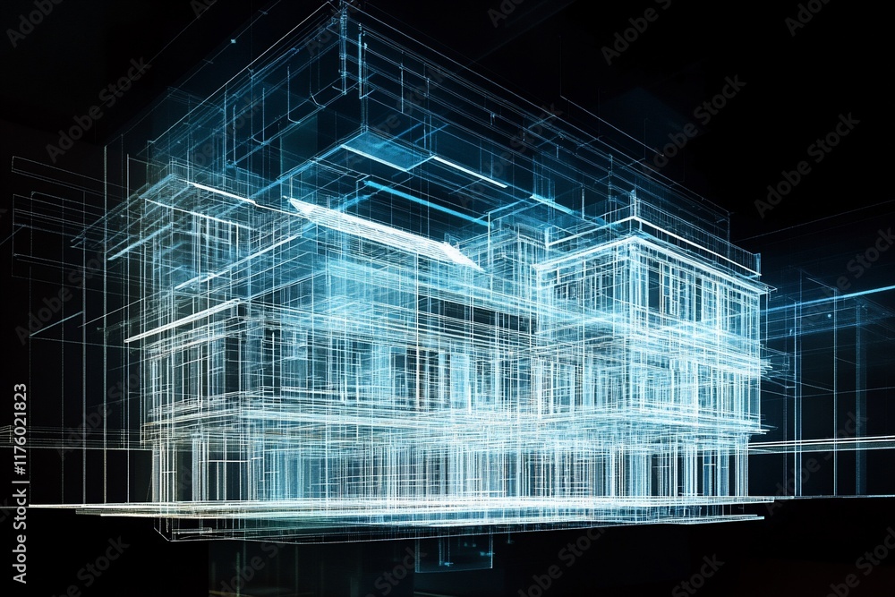 Poster a digital architectural rendering showcasing a futuristic building design.