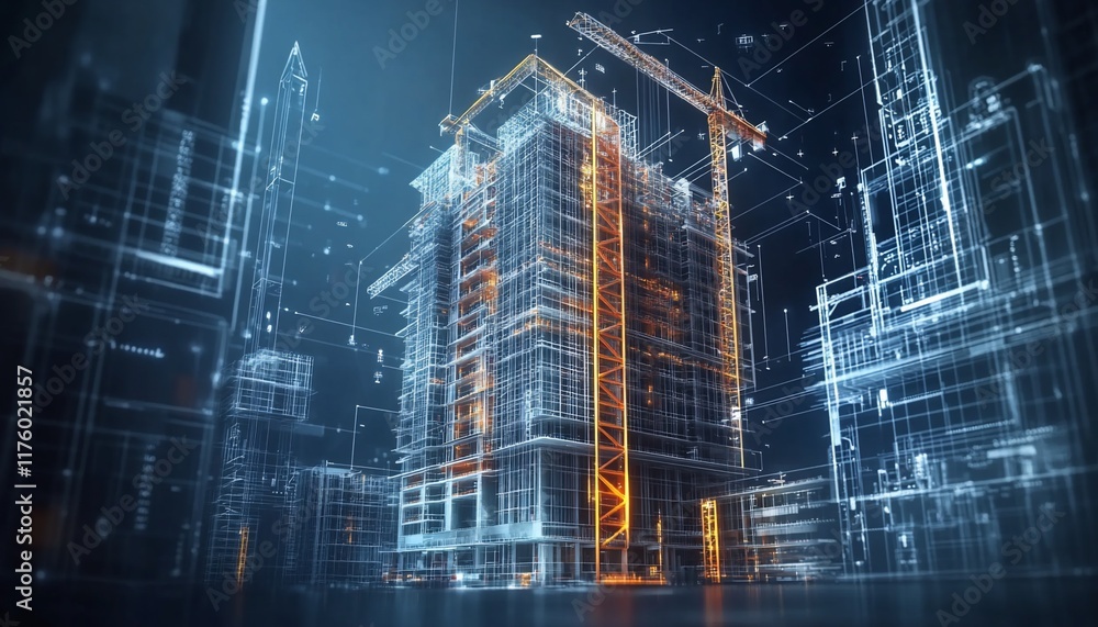 Poster a digital rendering of a construction site with a high-rise building framework.