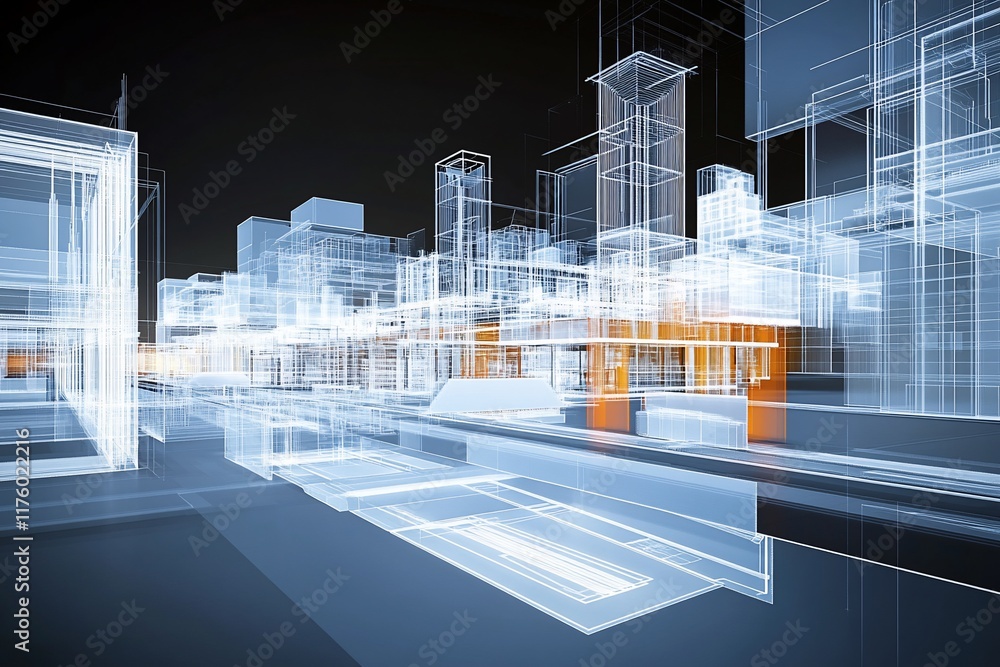 Poster a digital representation of a futuristic cityscape with transparent structures.